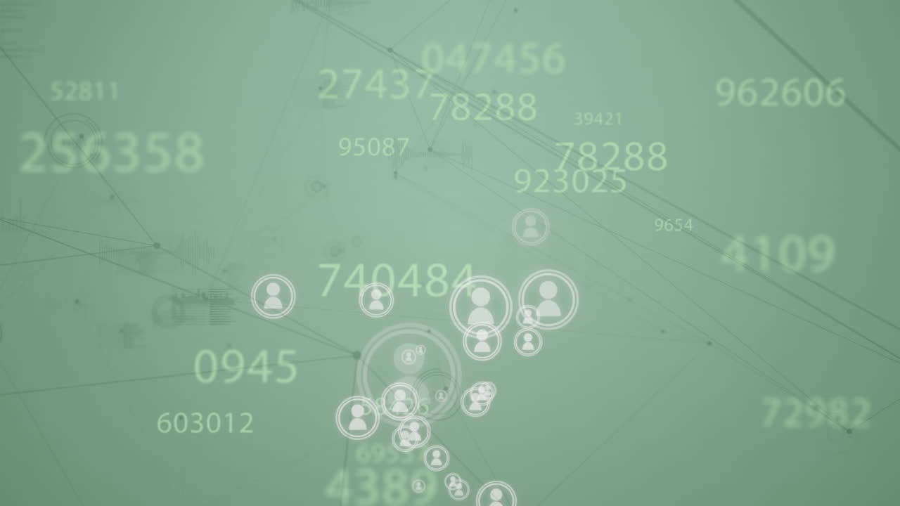 animación de la red de conexiones, números cambiantes, iconos de perfil contra fondo verde