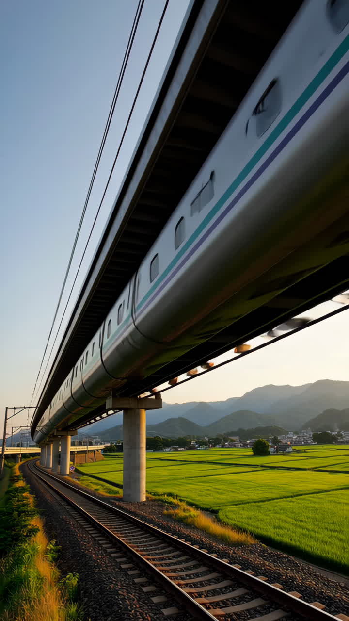 High-speed train traversing rural Japanese landscape