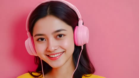 una mujer con auriculares rosados en un fondo rosa