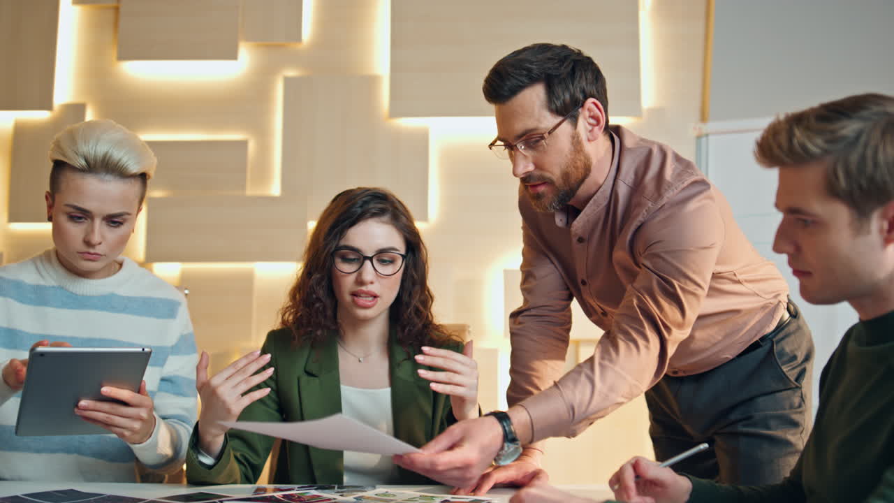 Coworkers brainstorming conference room close up. Team creating business startup