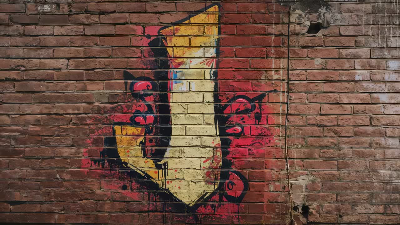 Starting camera panning right along brick wall in urban alley, revealing graffiti arrow, copy space