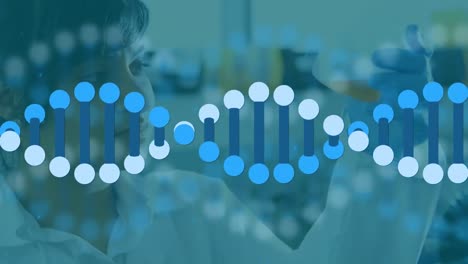 Animation-of-dna-structure-spinning-against-african-american-female-scientist-working-at-laboratory