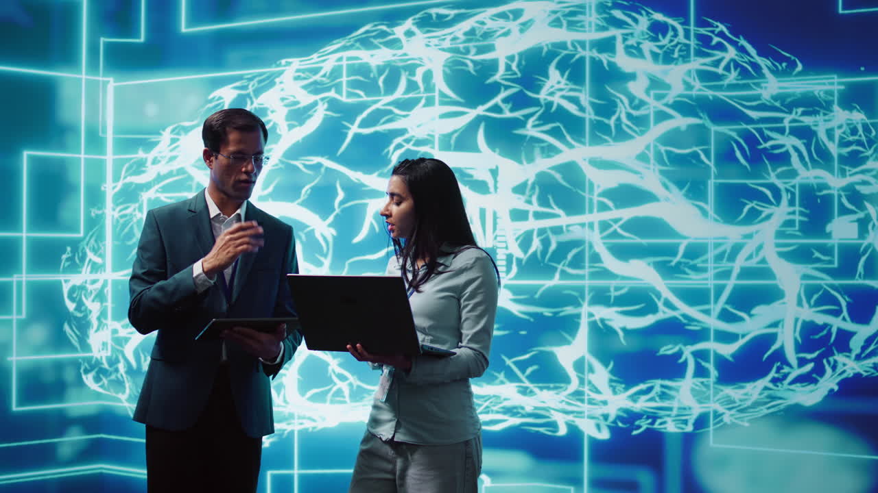 Coworkers solving tasks on laptop and tablet, running AI software