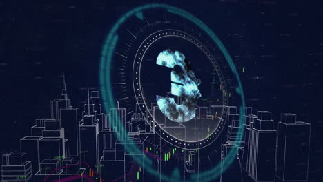 animación del paisaje urbano y del símbolo de la moneda del euro sobre un fondo negro