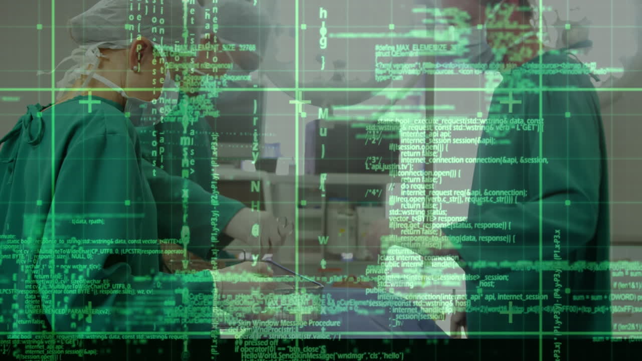 animazione dell'elaborazione dei dati su chirurghi con maschere facciali in sala operatoria e griglia