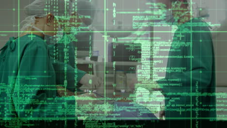 animación del procesamiento de datos sobre cirujanos con máscaras faciales en el quirófano y la cuadrícula