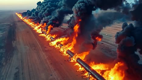 a large pipe on fire in the middle of a desert