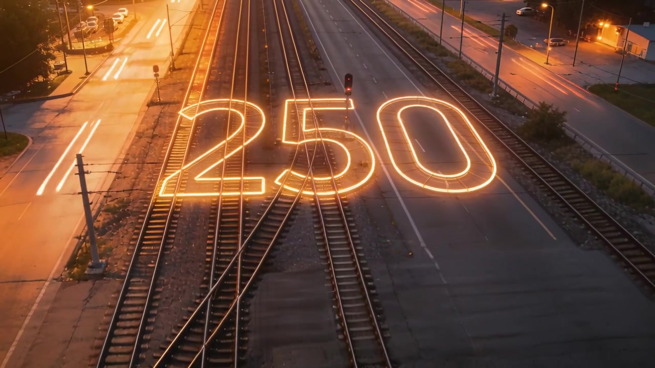 Glowing numerals 250 hovering above rail tracks at dusk, passing vehicles creating light streaks