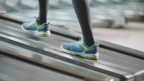 closeup two pair of feet moving on treadmill in fitness gym.