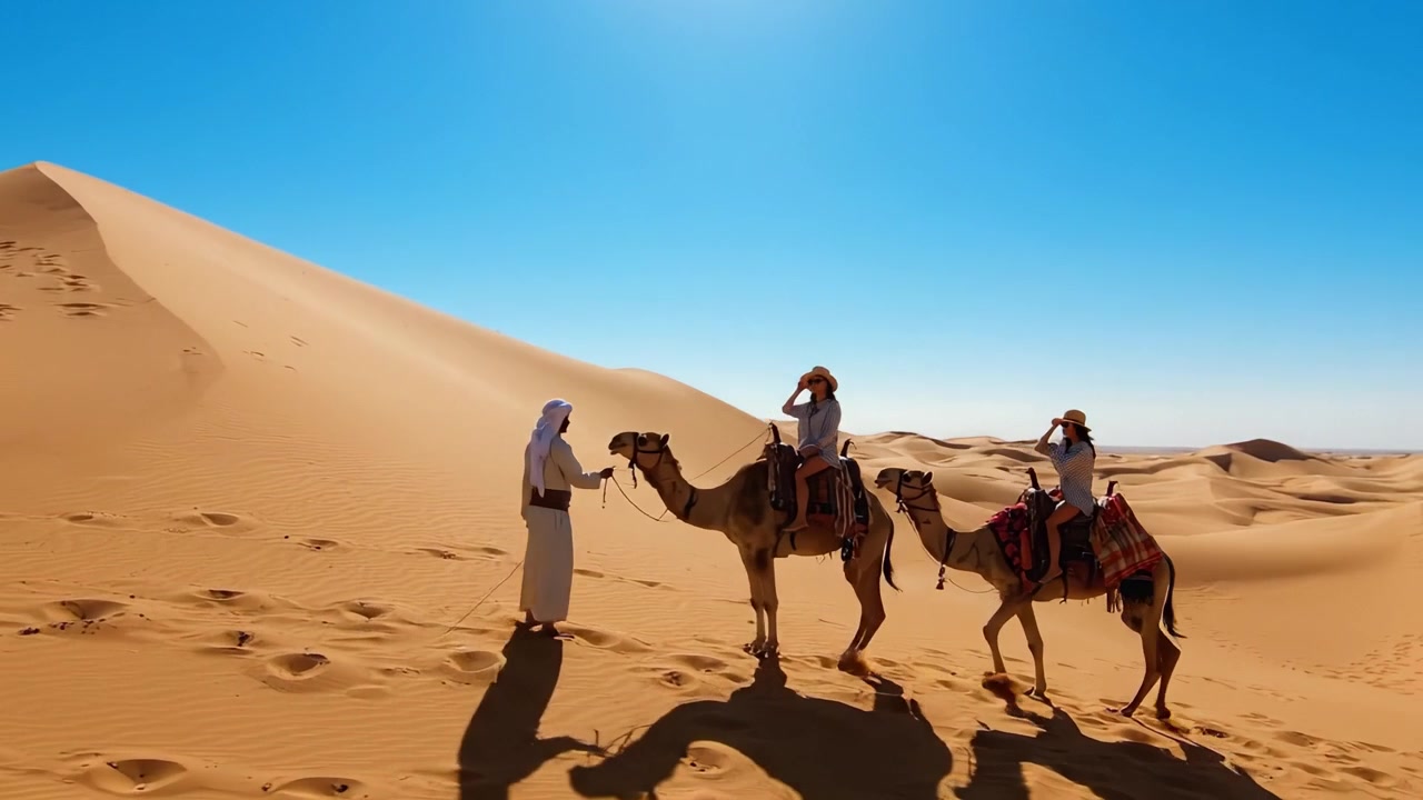 Esplorando il vasto paesaggio desertico a dorso di cammello: un viaggio attraverso sabbie dorate e cieli azzurri con viste mozzafiato e incontri locali.