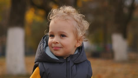 Porträt-Eines-Kleinen-Kaukasischen-Kindes-Im-Freien-Am-Herbsttag-Im-Park,-Nahaufnahme-Des-Süßen-Gesichts-Eines-Babys-Mit-Blonden-Haaren,-Natürliche-Landschaft-Mit-Vergilbten-Bäumen