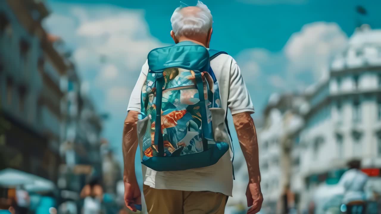 Older man with a colorful backpack walking on vacation in a European city.