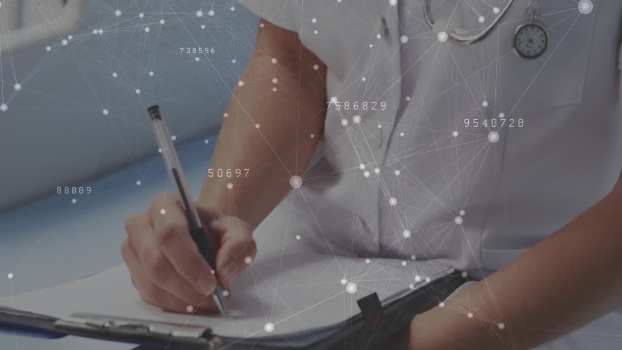 Profissional de saúde preenchendo anotações e ajudando um paciente mirim a andar de muletas com uma sobreposição de rede de assistência médica