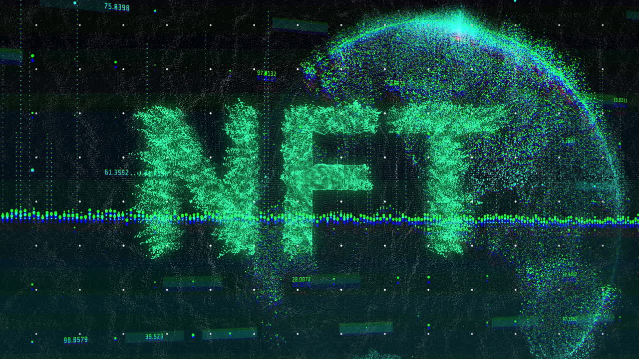 NFT text glowing and floating in dark digital void, with data streams, numeric overlays, 3D render