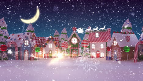 animation of snow falling over winter scenery and santa claus with reindeer