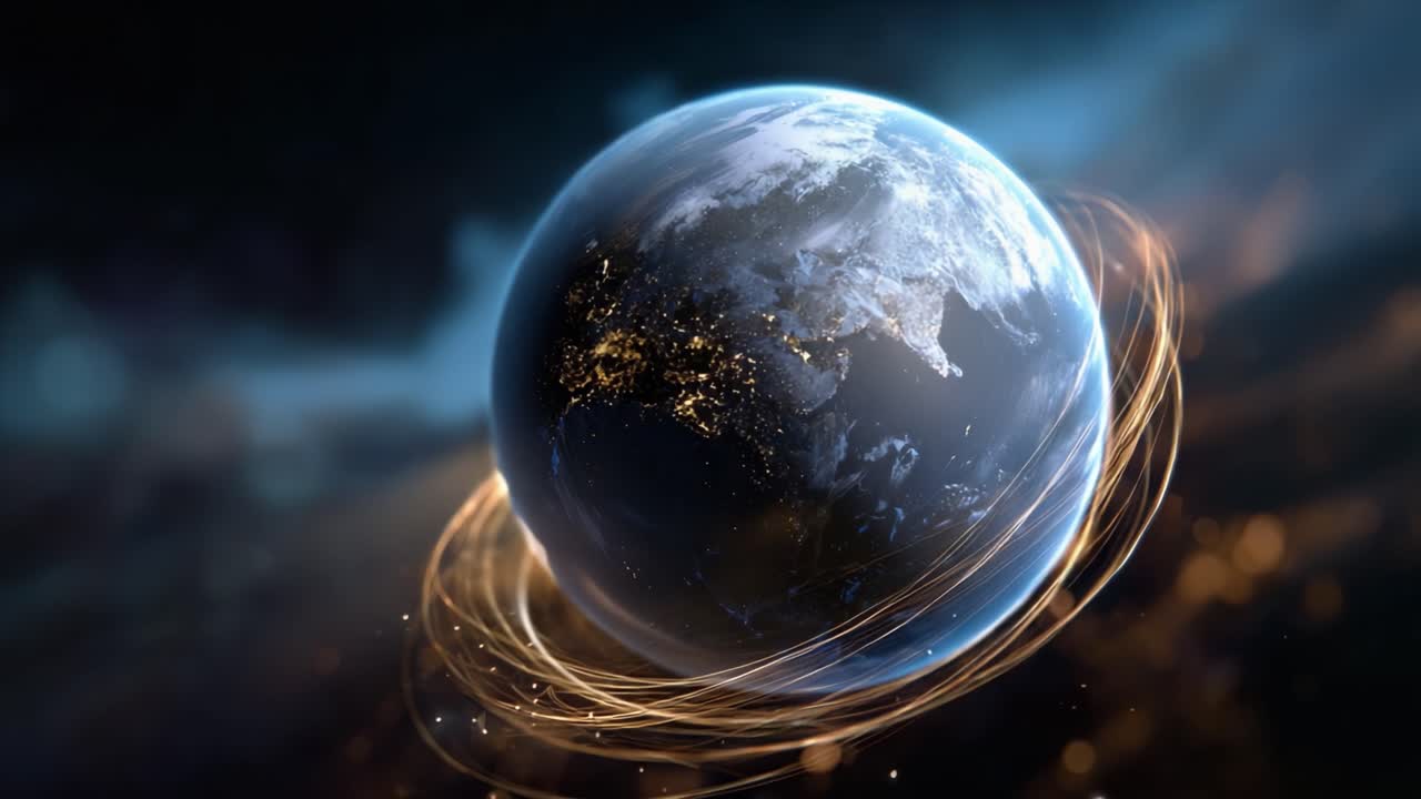 Una splendida rappresentazione della Terra che cattura la bellezza del nostro pianeta, circondato da energia rotante e scie luminose in un ambiente cosmico