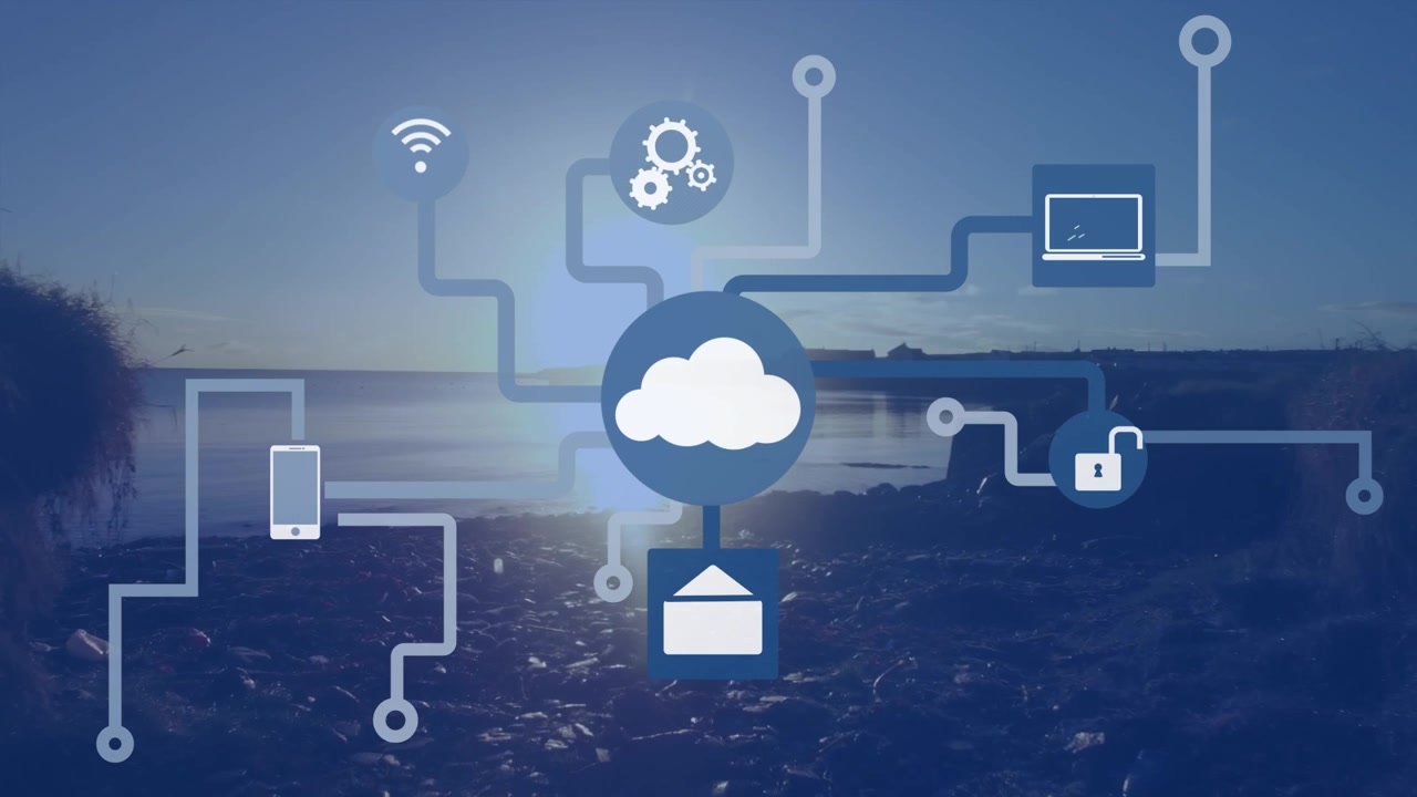 Network of digital icons against aerial view of the sea