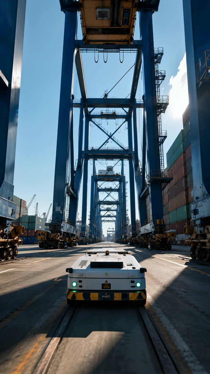 Un veicolo utilitario a basso profilo si avvicina costantemente attraverso un deposito di container industriale, passando sotto grandi strutture di gru in acciaio mentre lunghe ombre si estendono sulla strada asfaltata.