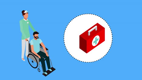 enfermera con hombre paciente en silla de ruedas y kit médico
