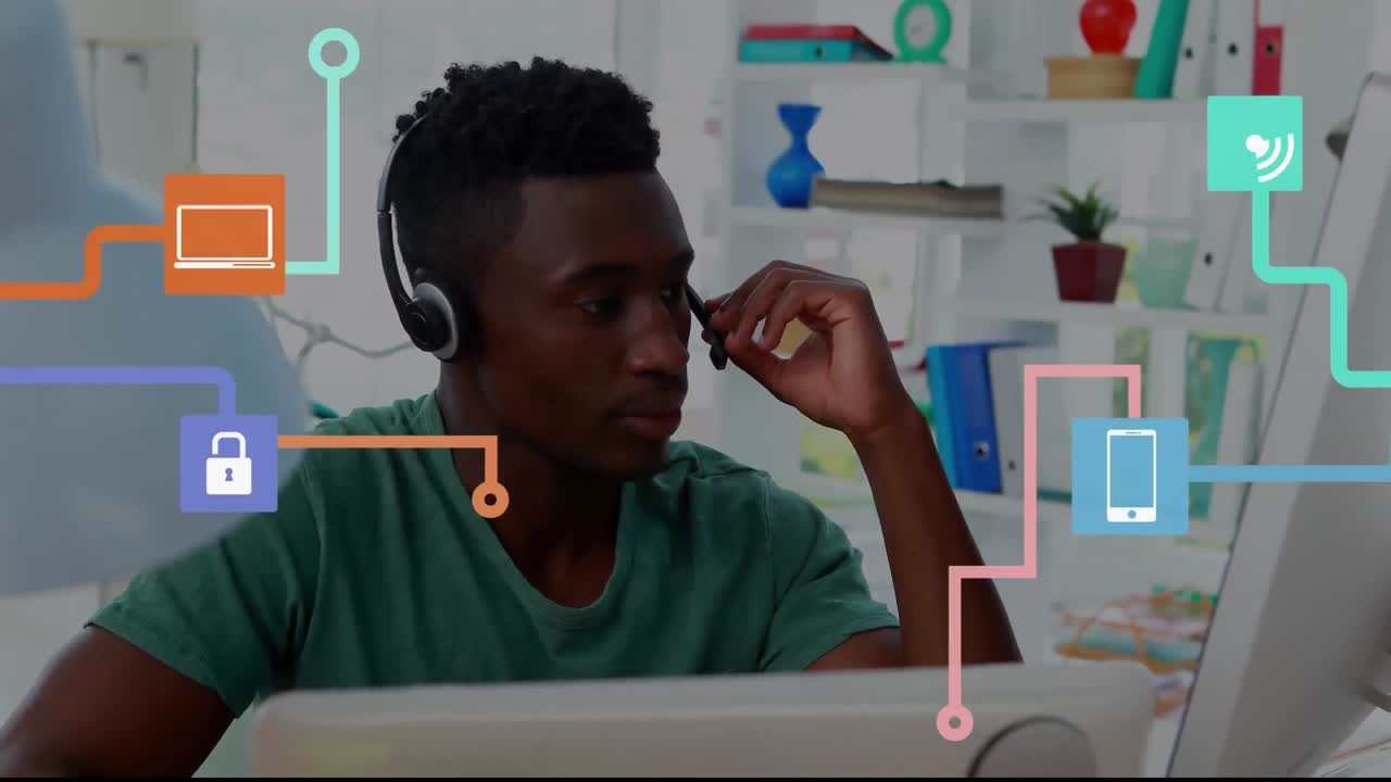 Animation of African American man talking with headphones over connections of netork with icons