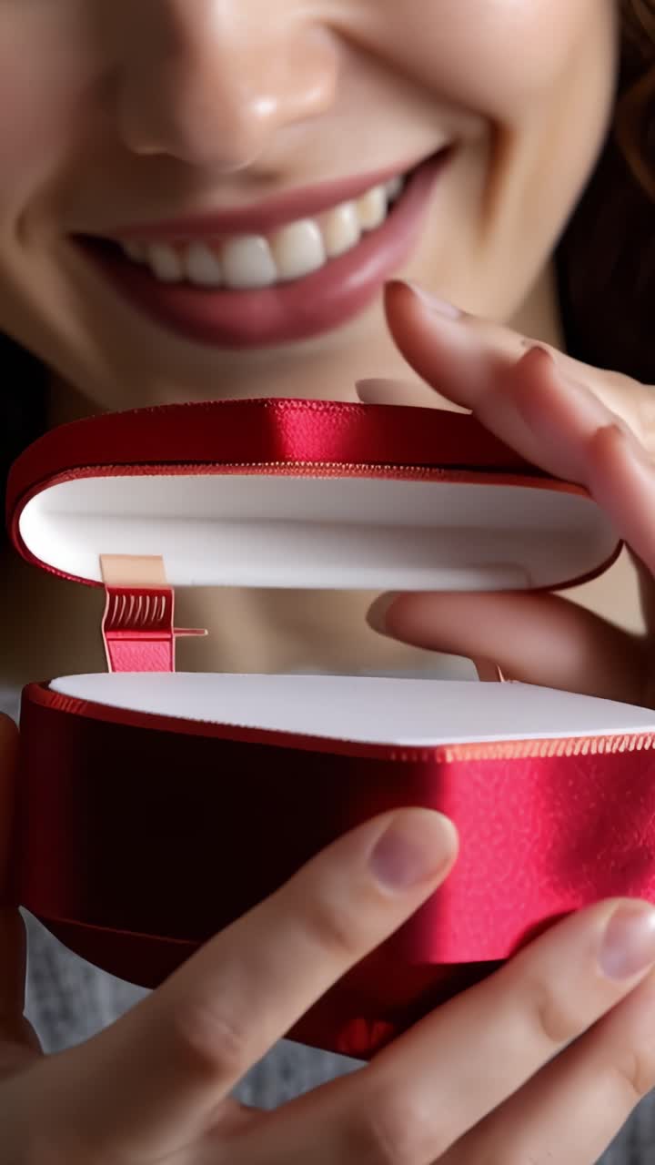 Un momento gioioso di attesa catturato, che mostra una donna che tiene una scatola regalo rossa a forma di cuore splendidamente incartata, che irradia amore e felicità
