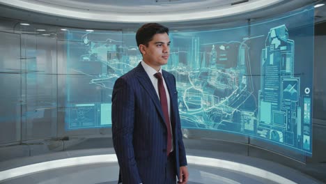 Man Interacting with Futuristic Smart City Holographic Display