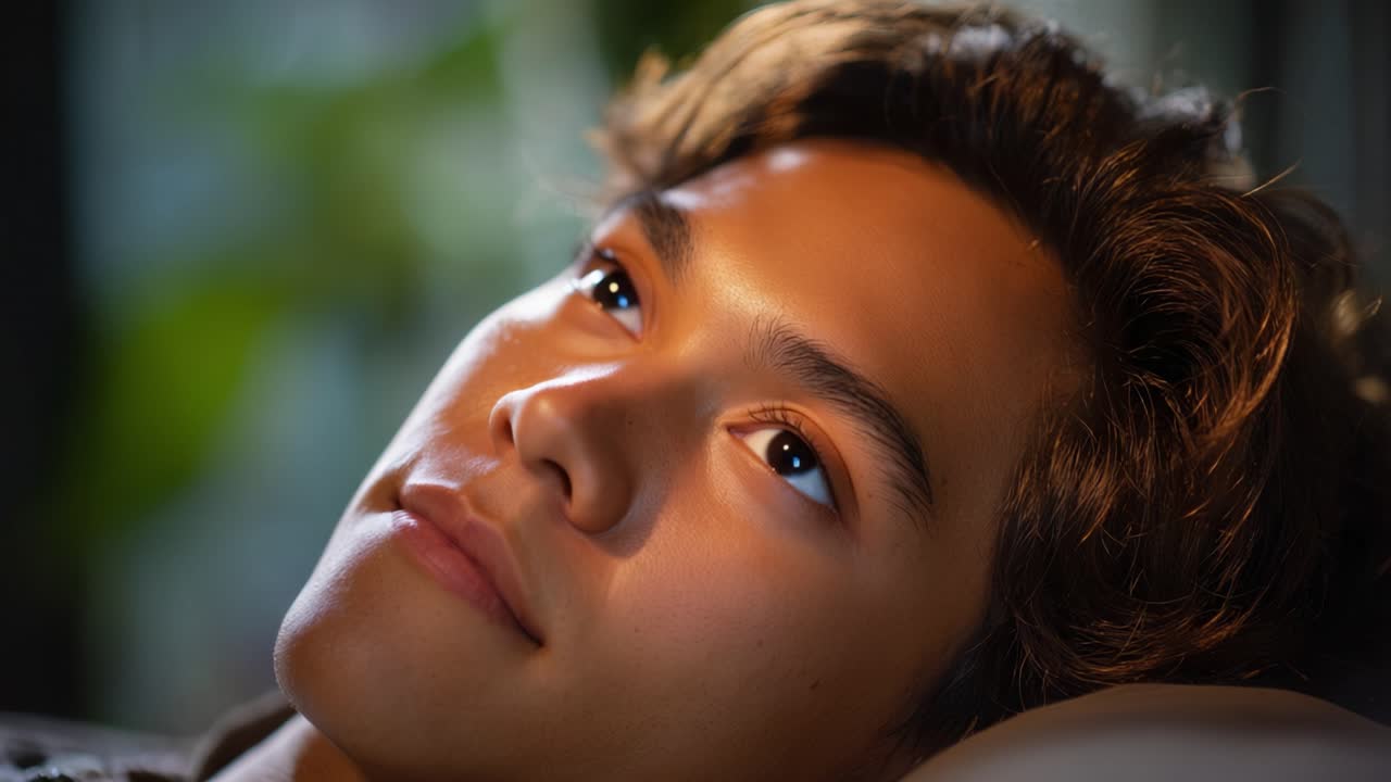A tranquil moment of reflection as a young person gently rests with their eyes closed, basking in warm sunlight and surrounded by a serene, nature-inspired environment
