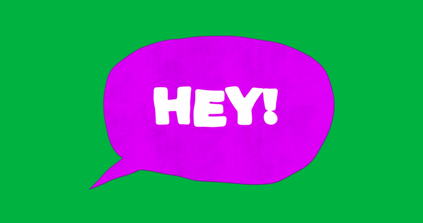 Designers placing magenta speech bubble saying HEY! over transparent background for marketing