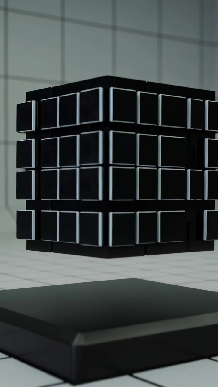 Vertical video: Rotating glossy cube hovering above low platform in tiled chamber, modules shifting