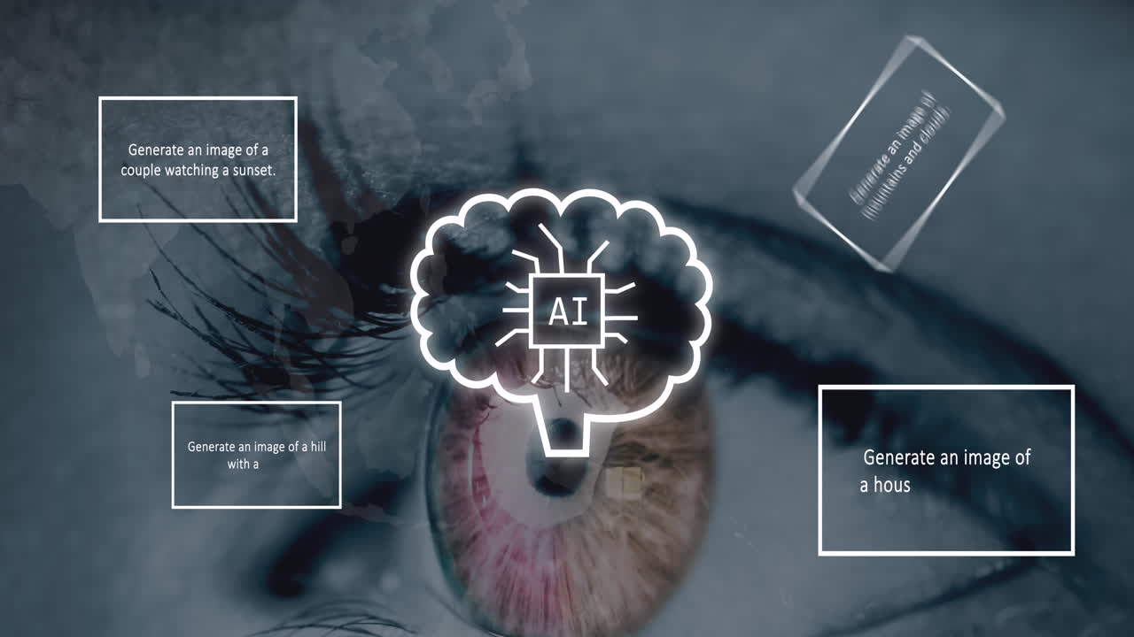 animación de texto ai, iconos y ojo de mujer.