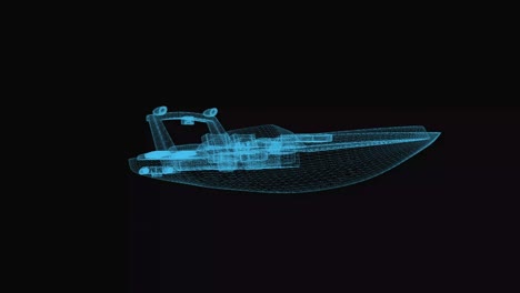 motorboat wireframe scheme. 3d render with blue grid lines. loop rotation on black background.