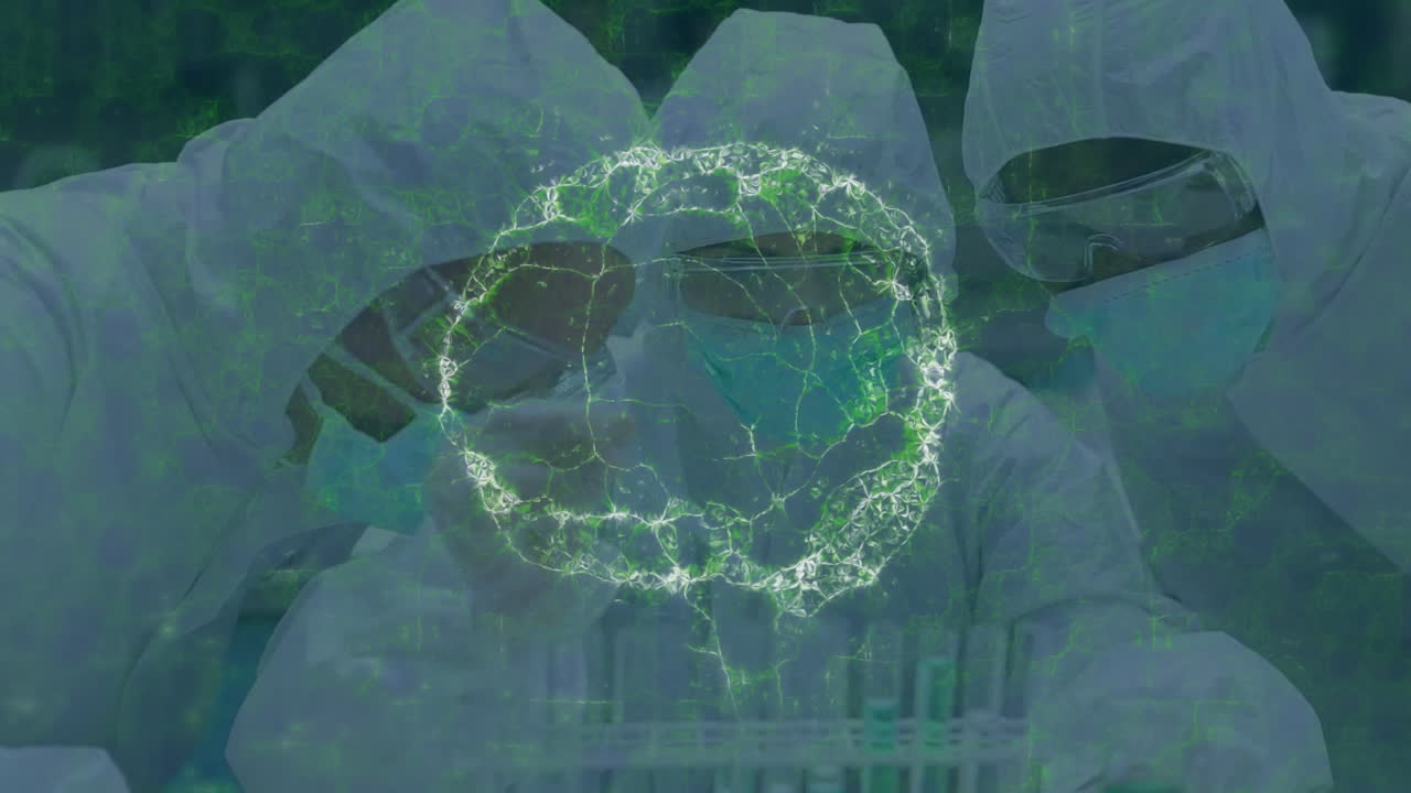 보호복을 입은 과학자들이 실험실에서 원형 네트워크 애니메이션을 사용하고 있습니다.