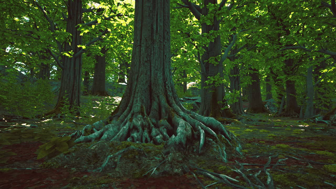 tree roots and sunshine in a green forest