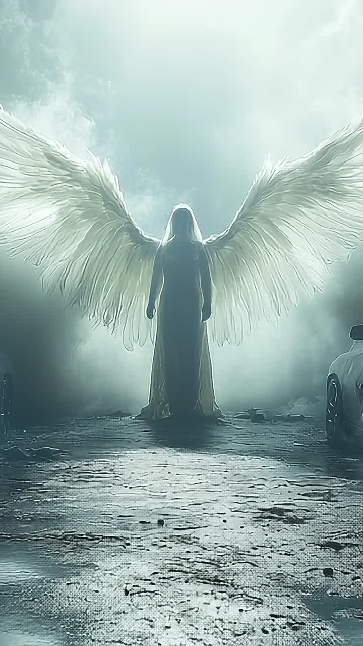 Angelic figure between two dark cars. A mystical figure with large wings stands between two old cars under a dramatic sky with clouds and light.