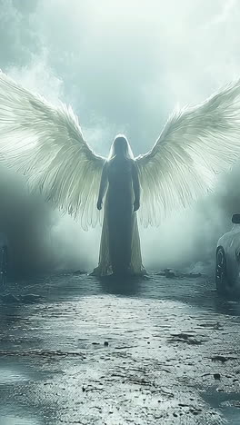 angelic figure between two dark cars. a mystical figure with large wings stands between two old cars under a dramatic sky with clouds and light.