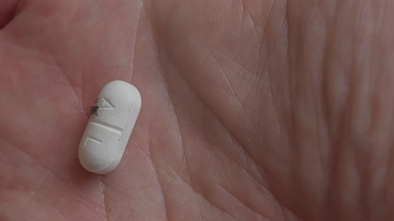 Closeup of tick moving over skin and climbing onto tablet representing disease and medical treatment