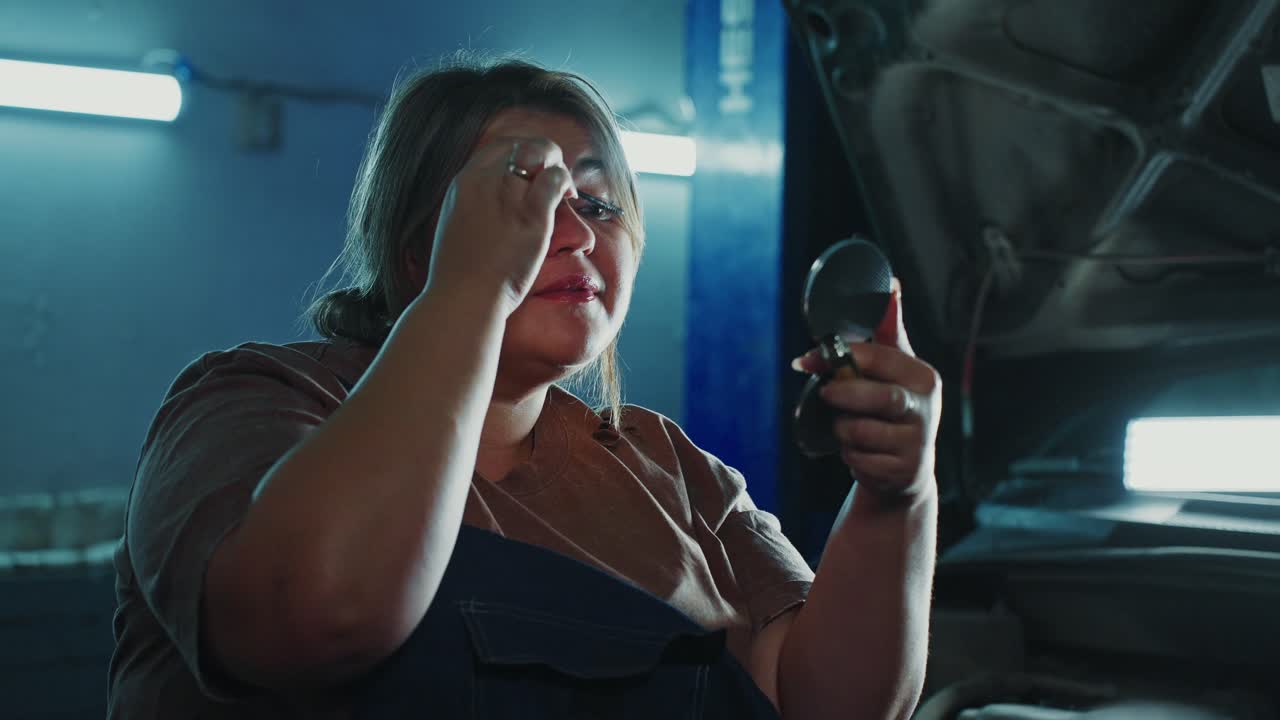 Woman Mechanic Applying Makeup in a Garage