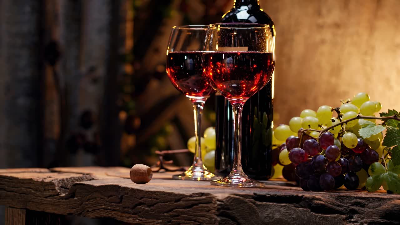 Warm, rustic video scene of wine glasses and grapes on a wooden table