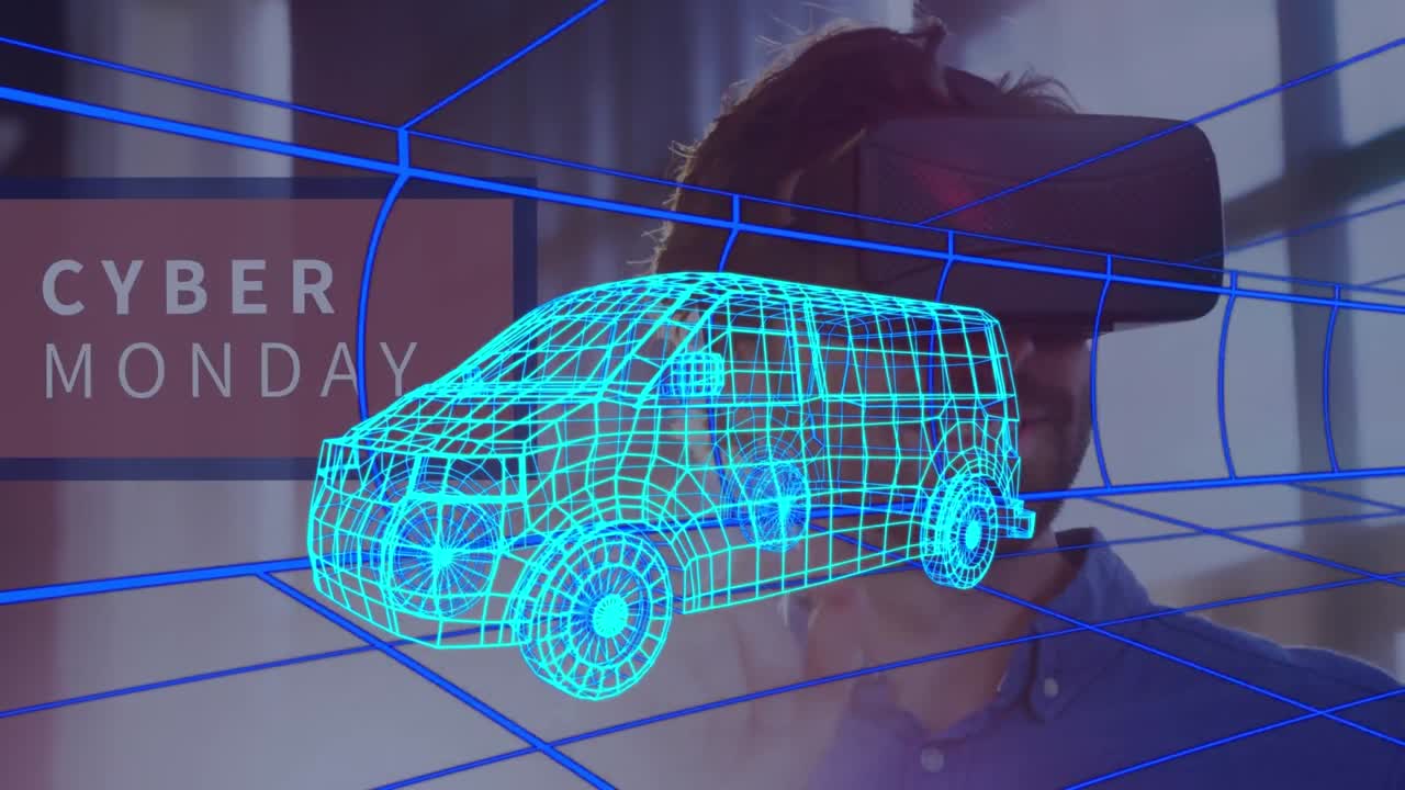 사무실에서 vr 헤드 ⁇ 을 착용한 남자를 상대로 디지털 터널을 통해 3d 밴 모델