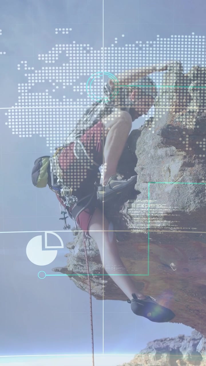 Video verticale: Scalatore che sposta il peso, si allunga, tira e sale, mentre un HUD tecnologico mappa il percorso.