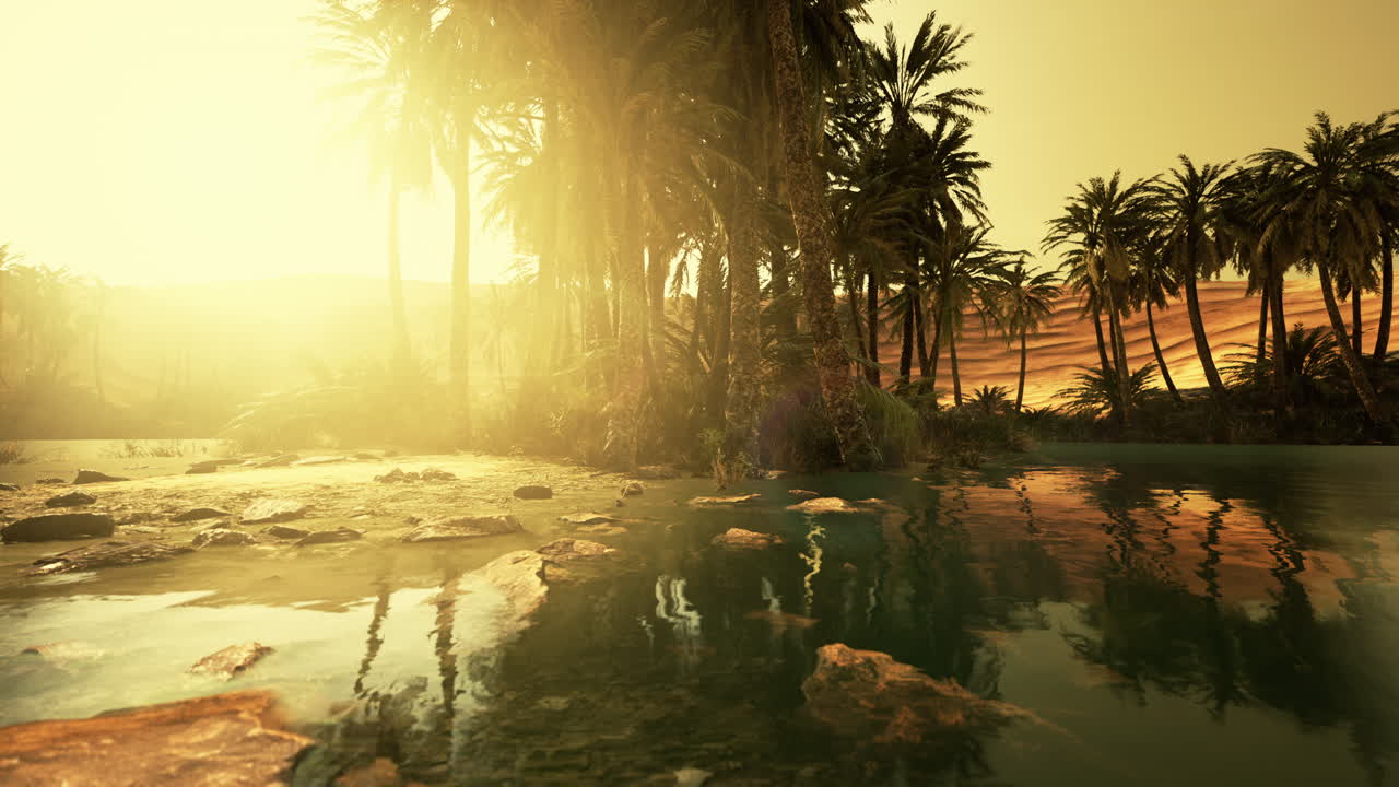 oasis en el medio del desierto con muchos árboles