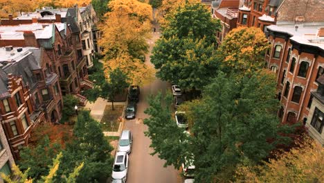 Vista-Aérea-De-Gold-Coast-Chicago-De-Casas-Y-Follaje-De-Otoño