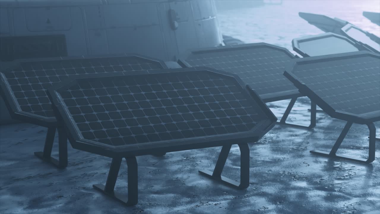 футуристический массив солнечных панелей на туманном инопланетном ландшафте