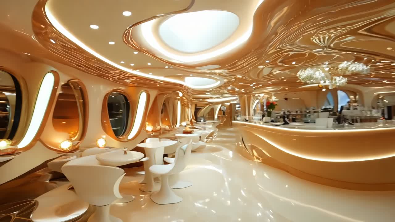 테이블과 의자가 있는 큰 색과 금색 레스토랑