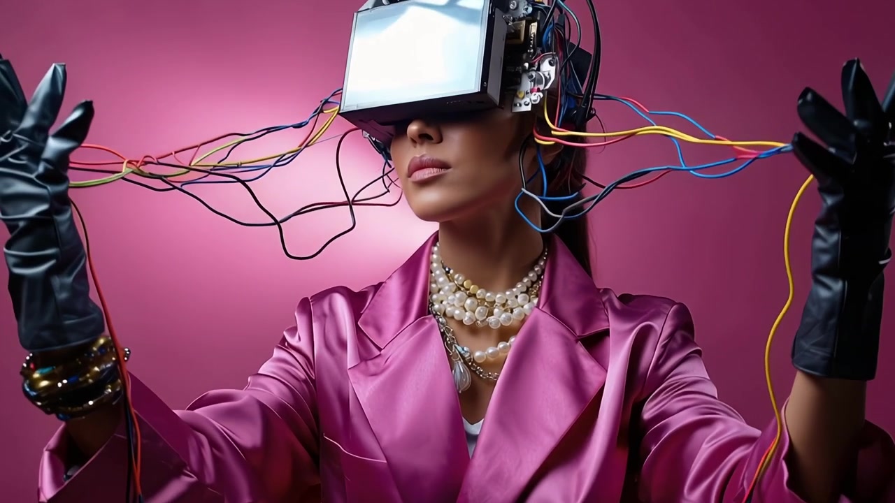 Donna con visore VR futuristico e fili su sfondo rosa