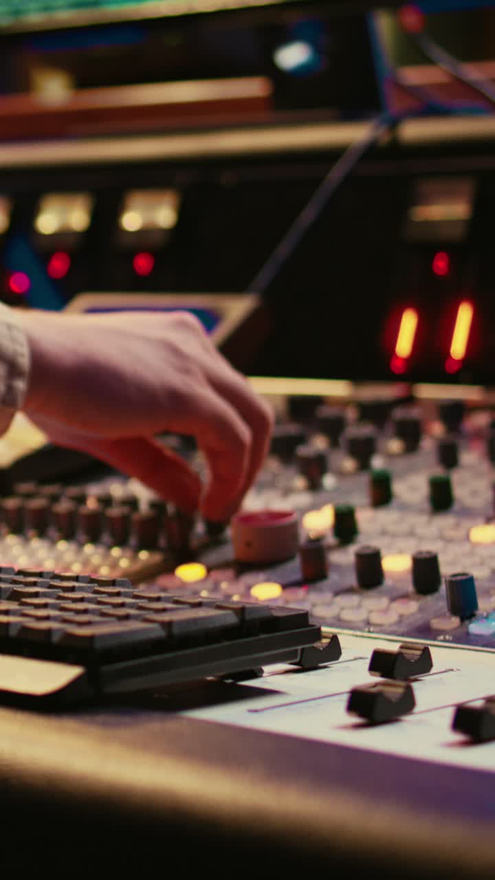 Sound Engineer Adjusting Knobs on a Professional Mixing Console