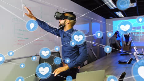 animación de redes de conexiones y hombre de negocios con teléfono vr auricular
