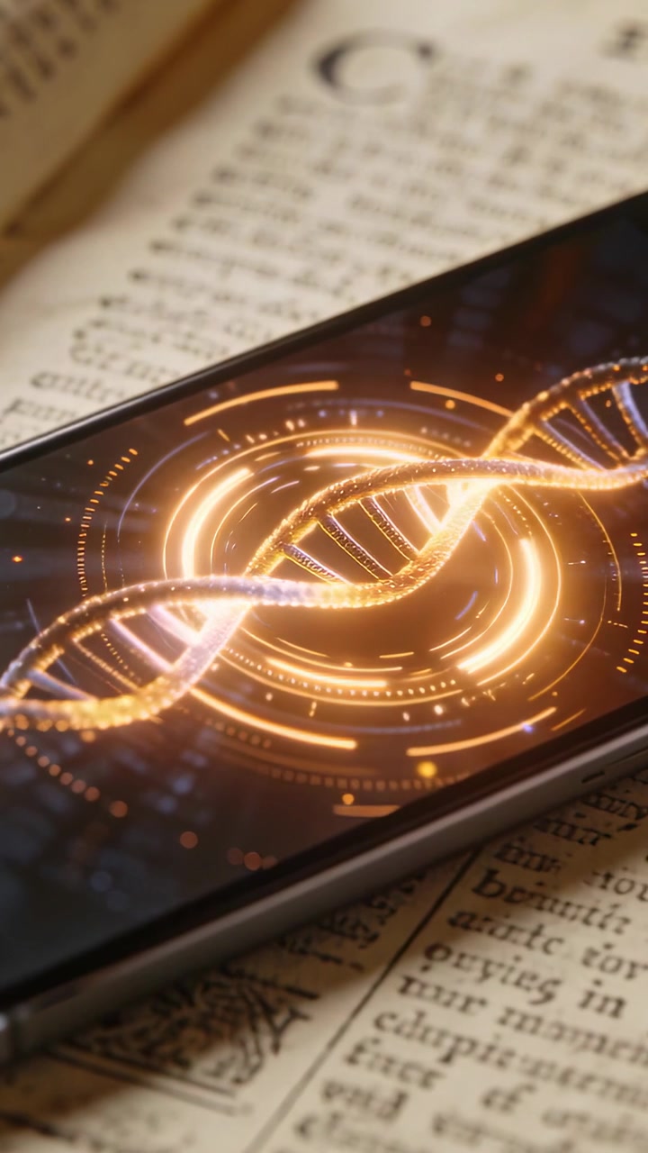 Telefone mostrando hélice de DNA ao iniciar aplicativo, girando, pulsando, projetando brilho sobre manuscrito científico