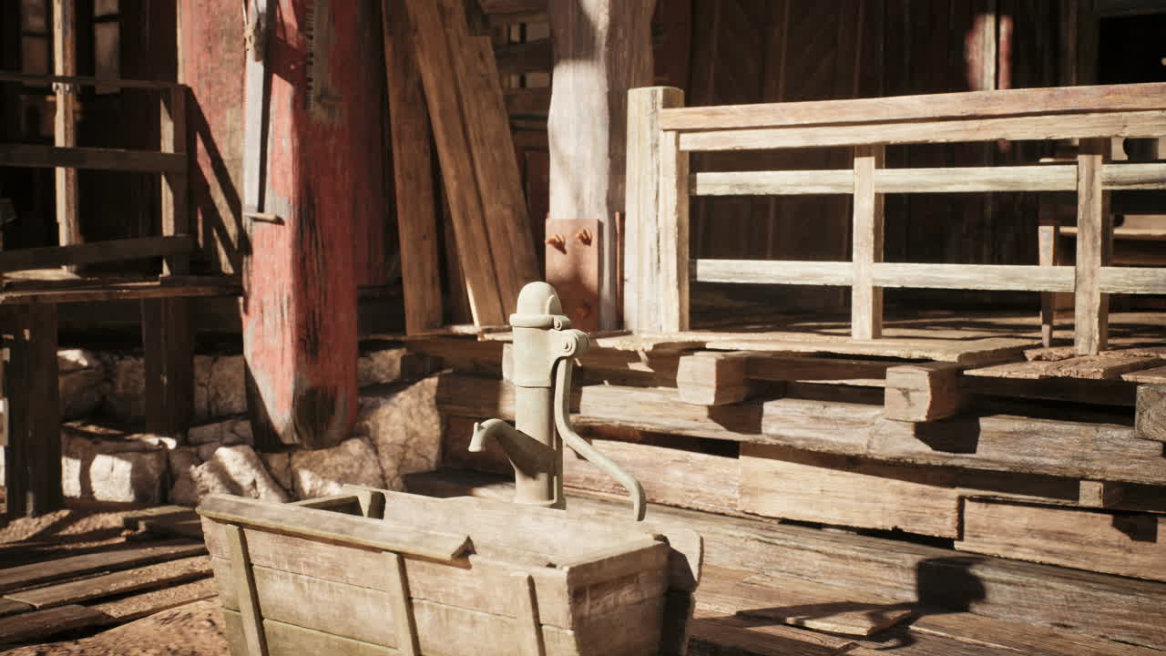 Old Wooden Farmhouse Exterior with Water Pump