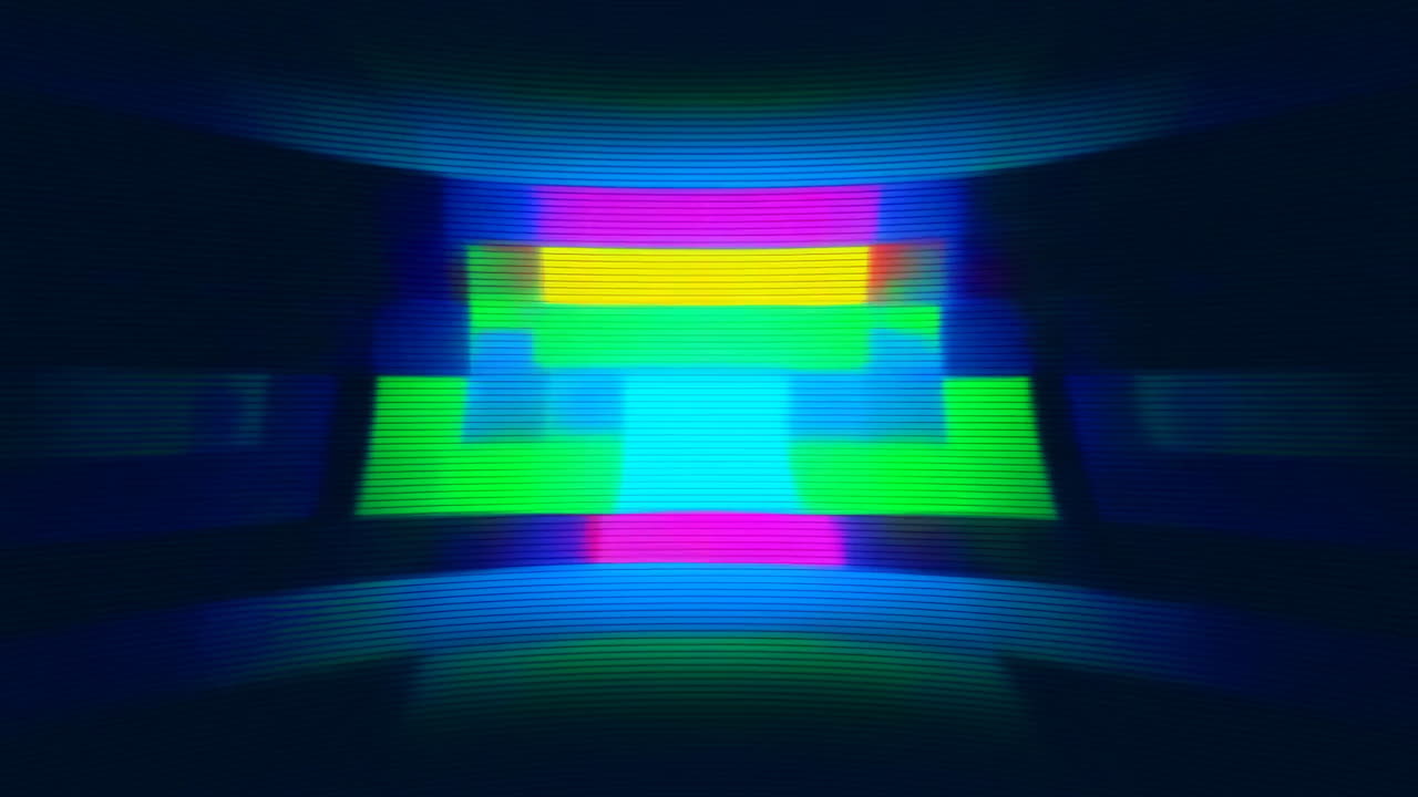 Tunnel Neon Glitch con blocchi RGB vibranti, distorsione digitale, atmosfera retro vaporwave, movimento pulsante